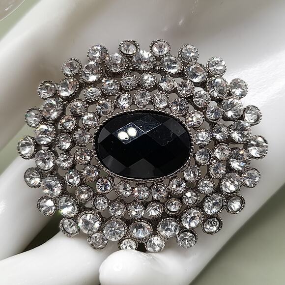Vintage Monet Clear Black Rhinestone Oval Brooch, 1980s, 1 5/8 Inch - Picture 2 of 13